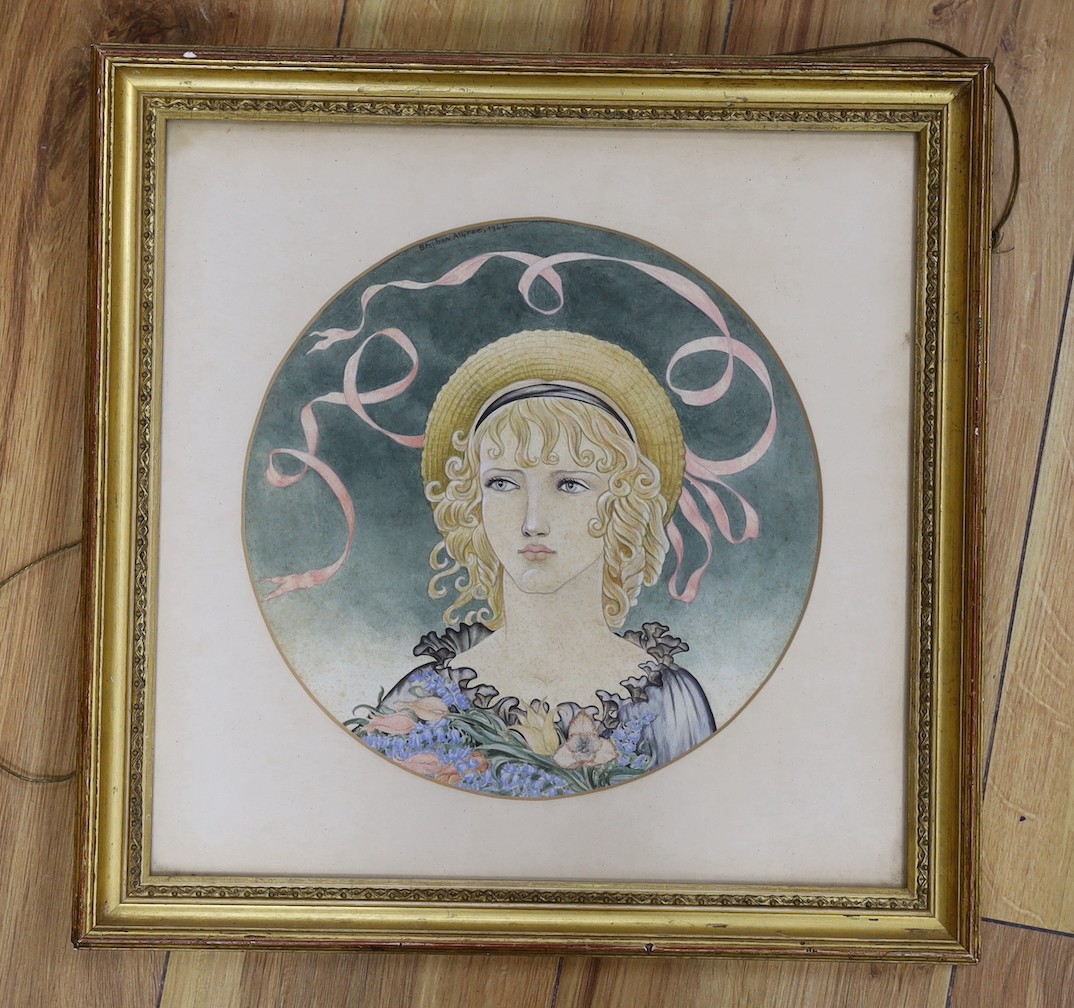 Stephan Allfree, watercolour, 'The Cherry Ribbon', signed and dated 1944, tondo, 23cm